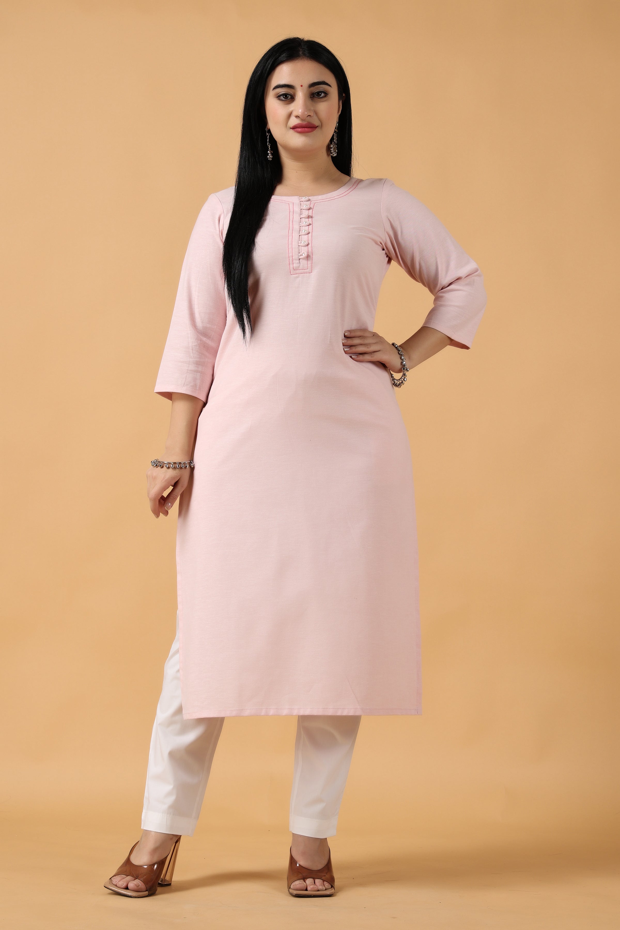 Buy Baby Pink Green Ombre Straight Cut Kurti In Cotton With Floral Printed  Buttis And Zari Accents Online - Kalki Fashion